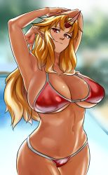 Rule 34 | 1girl, armpits, arms up, bikini, blonde hair, breasts, bunsuirei, cleavage, commentary, cowboy shot, curvy, dark skin, dark-skinned female, hip focus, horns, hoshiguma yuugi, large breasts, long hair, looking at viewer, navel, photo-referenced, pointy ears, red bikini, red eyes, single horn, skindentation, smile, solo, swimsuit, tan, touhou, wide hips