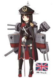 Rule 34 | 10s, 1girl, akai ronii, bad id, bad twitter id, blunt bangs, character name, formal, hms monarch, hms monarch (siirakannu), kantai collection, long hair, long sleeves, military, military uniform, necktie, original, personification, red eyes, royal navy, smile, solo, text focus, thighhighs, uniform, union jack, white background, zettai ryouiki