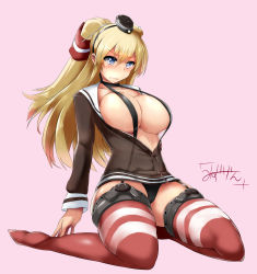 Rule 34 | 1girl, amatsukaze (kancolle), amatsukaze (kancolle) (cosplay), bismarck (kancolle), blonde hair, breasts, collarbone, cosplay, dress, hat, highres, kantai collection, kneeling, large breasts, long hair, mini hat, mizuyan, open clothes, open dress, open shirt, panties, pantyshot, pink background, red thighhighs, sailor dress, see-through, shirt, short dress, simple background, sitting, slingshot swimsuit, solo, strap gap, striped clothes, striped thighhighs, swimsuit, thighhighs, thighs, twintails, two side up, underwear, wariza, zettai ryouiki