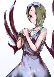 Rule 34 | 1girl, bracelet, breath of fire, breath of fire v, commentary, dress, facial mark, green hair, hair over one eye, highres, jewelry, looking at viewer, nina (breath of fire v), red wings, short hair, simple background, solo, tattoo, white background, white dress, wings