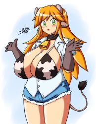 Rule 34 | 1girl, :o, animal ears, animal print, bell, bikini, bikini top only, blush, breasts, brown gloves, collar, cow ears, cow girl, cow horns, cow print, cow tail, denim, elbow gloves, female focus, gloves, gradient background, green eyes, highres, horns, huge breasts, jeans, long hair, looking at viewer, miranda (paulgq), neck bell, open clothes, open shirt, orange hair, original, pants, paul gq, shiny skin, shirt, short shorts, shorts, solo, standing, swimsuit, tail, w arms