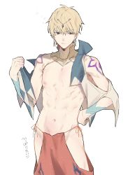 Rule 34 | 1boy, abs, arabian clothes, bare pectorals, blonde hair, circlet, cropped jacket, earrings, fate/grand order, fate (series), gilgamesh, gilgamesh (caster) (fate), gilgamesh (fate), hand on own hip, highres, hip focus, holding, jewelry, male focus, nada ( na da), navel, nipples, pants, pectorals, red eyes, side slit, string, tattoo, toned, toned male