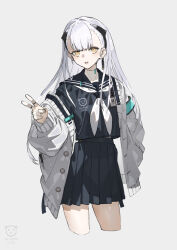 1girl ak-alfa_(girls&#039;_frontline) alternate_costume black_sailor_collar black_serafuku black_skirt cropped_legs earrings girls&#039;_frontline girls&#039;_frontline_2:_exilium hand_in_pocket highres jacket jewelry long_hair looking_at_viewer multiple_rings neckerchief neco open_clothes open_jacket open_mouth pleated_skirt ring sailor_collar school_uniform serafuku simple_background single_earring skirt solo tololo_(girls&#039;_frontline_2) white_background white_hair white_jacket white_neckerchief yellow_eyes