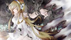 Rule 34 | 1girl, bare shoulders, blonde hair, breasts, cable, chain, dress, closed eyes, female focus, headphones, highres, lily (vocaloid), long hair, nail polish, solo, tyouya, vocaloid