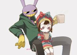 Rule 34 | 1boy, 1girl, alternate costume, blue eyes, brown hair, clenched teeth, commentary request, cup, gloves, heterochromia, holding, holding cup, jacket, jax (the amazing digital circus), pale skin, pomni (the amazing digital circus), red eyes, short hair, sitting, smile, sonokare, teeth, the amazing digital circus