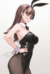 Rule 34 | 1girl, animal ears, artist name, bare shoulders, black leotard, black pantyhose, blush, bow, bowtie, breasts, brown eyes, brown hair, cleavage, cowboy shot, dated, detached collar, fake animal ears, fake tail, gradient background, hair between eyes, highres, kantai collection, large breasts, leotard, long hair, looking at viewer, ooi (kancolle), pantyhose, parted lips, playboy bunny, rabbit ears, rabbit tail, rokuwata tomoe, signature, solo, strapless, strapless leotard, tail, traditional bowtie, twitter username, wrist cuffs