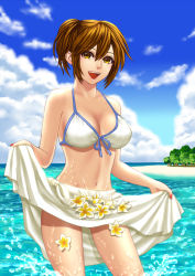 Rule 34 | 1girl, beach, bikini, bikini top only, breasts, brown eyes, brown hair, clothes lift, cloud, cowboy shot, day, flower, front-tie bikini top, front-tie top, hair between eyes, hamura mayu, large breasts, legs, meiko (vocaloid), navel, ocean, outdoors, ponytail, project diva (series), project diva f, sarong, sarong lift, short hair, sky, solo, standing, summer idol (vocaloid), swimsuit, thighs, vocaloid, wading, white bikini