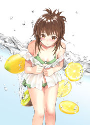 Rule 34 | 1girl, bikini, blush, breasts, brown eyes, brown hair, citron, commentary request, folded ponytail, food, fruit, green bikini, inazuma (kancolle), kantai collection, kiwi (fruit), lemon, lemon slice, looking at viewer, seminoyu, sidelocks, simple background, small breasts, solo, swimsuit, water, white background