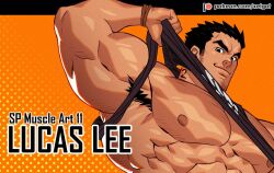 Rule 34 | 1boy, arm up, armpit hair, armpits, bara, bare pectorals, beard stubble, biceps, black hair, clothes lift, erection, facial hair, from below, huge eyebrows, huge pectorals, lifted by self, looking at viewer, lucas lee, male focus, mature male, muscular, muscular male, obliques, paid reward available, pectorals, scott pilgrim (series), scott pilgrim takes off, shirt, shirt lift, short hair, short sleeves, smile, solo, stubble, t-shirt, thick arms, tight clothes, tight shirt, upper body, xelgot