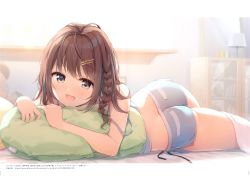 Rule 34 | 1girl, absurdres, ass, bare arms, bare shoulders, bed, bed sheet, blush, braid, brown eyes, brown hair, butt crack, day, duplicate, hair ornament, hairclip, highres, indoors, long hair, looking at viewer, lying, nijihashi sora, off shoulder, on stomach, open mouth, original, page number, pillow, scan, shorts, simple background, sleeveless, smile, solo, stuffed animal, stuffed toy, teddy bear, thighs, window