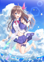 Rule 34 | 1girl, blouse, blue eyes, blush, bottle, brown hair, commentary request, hair between eyes, hair flaps, highres, hololive, jumping, kugatsu tooka, lens flare, long hair, midriff, ocean, one eye closed, open mouth, shirt, sky, solo, tokino sora, tokino sora (1st costume), virtual youtuber, water bottle, white shirt