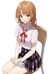 Rule 34 | 1girl, absurdres, blush, bottle, breasts, brown eyes, brown hair, chair, collarbone, collared shirt, commentary request, highres, holding, isshiki iroha, looking at viewer, medium breasts, medium hair, neck ribbon, open mouth, pleated skirt, red ribbon, ribbon, school chair, school uniform, shirt, short sleeves, simple background, sitting, skirt, smile, solo, star741, water bottle, white background, white shirt, yahari ore no seishun lovecome wa machigatteiru.