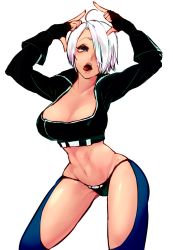 Rule 34 | 1girl, ahoge, angel (kof), breasts, cleavage, female focus, highres, large breasts, midriff, open clothes, open shirt, sasi (prgr rg), shirt, simple background, snk, solo, the king of fighters, white background