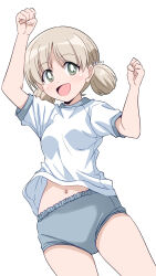 Rule 34 | 1girl, :d, aki (girls und panzer), arm up, blue buruma, bright pupils, buruma, clenched hand, commentary, girls und panzer, green eyes, gym shirt, gym uniform, hair tie, highres, light brown hair, looking at viewer, low twintails, midriff peek, navel, open mouth, ponzu rui, raised fist, shirt, short hair, short sleeves, short twintails, simple background, smile, solo, standing, t-shirt, twintails, white background, white pupils, white shirt