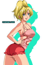 Rule 34 | 80s, ass, blonde hair, blue eyes, breasts, elle vianno, gundam, gundam zz, happy, looking at viewer, medium breasts, oldschool, open mouth, oyaman, shorts, showing off, smile