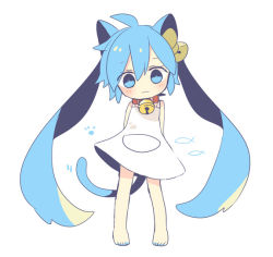Rule 34 | 1girl, animal ears, barefoot, bell, blue eyes, blue hair, cat ears, cat tail, chibi, collar, dress, full body, hatsune miku, jingle bell, kemonomimi mode, long hair, looking at viewer, matching hair/eyes, neck bell, simple background, solo, tail, twintails, very long hair, vocaloid, white background, yoshiki