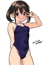 Rule 34 | 1girl, arm behind back, baba arumi, black hair, blue one-piece swimsuit, breasts, brown eyes, competition school swimsuit, covered navel, dated, highleg, highleg swimsuit, one-piece swimsuit, original, school swimsuit, short hair, signature, simple background, small breasts, solo, swimsuit, twintails, v over eye, white background