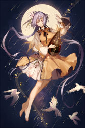 Rule 34 | 1girl, ahoge, bare legs, barefoot, beamed semiquavers, bird, biwa lute, chain, closed mouth, crotchet, dress, flat sign, floating, flower, full body, full moon, hair flower, hair ornament, highres, instrument, long hair, long sleeves, looking at viewer, lute (instrument), moon, music, musical note, nail polish, natural sign, playing instrument, quaver, school uniform, shooting star, smile, snowcake47, solo, tabard, toenail polish, toenails, touhou, treble clef, tsukumo benben, very long hair, white dress, wide sleeves
