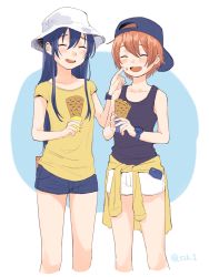 Rule 34 | 10s, 2girls, :d, ^ ^, backwards hat, bad id, bad pixiv id, baseball cap, blue hair, blush, casual, cellphone, closed eyes, clothes around waist, crepe, cropped legs, closed eyes, fang, food, food on face, hat, highres, hoshizora rin, hotoke (zz orz), jacket, jacket around waist, long hair, love live!, love live! school idol project, multiple girls, open mouth, phone, red hair, short hair, shorts, simple background, smile, sonoda umi, tank top, watch, wristwatch