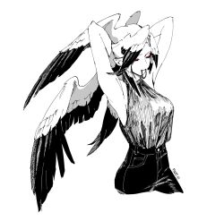 Rule 34 | 1girl, armpits, arms up, breasts, closed eyes, cropped legs, greyscale, hair tie, hair tie in mouth, halterneck, head wings, heather (pikat), highres, large breasts, large head wings, monochrome, mouth hold, multicolored hair, original, pikat, pointy ears, shirt, sleeveless, sleeveless shirt, solo, two-tone hair, tying hair, upper body, watermark, web address, wings