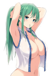 Rule 34 | 1girl, absurdres, areola slip, armpits, arms up, bad id, bad pixiv id, bare arms, bare shoulders, blue eyes, blush, breasts, commentary request, covered erect nipples, green hair, hair ornament, hair tie, hair tie in mouth, highres, kochiya sanae, large breasts, long hair, looking at viewer, mouth hold, navel, open clothes, open shirt, shirt, sidelocks, simple background, smile, snake hair ornament, solo, stomach, techi (techi35499), touhou, tying hair, upper body, white background, white shirt