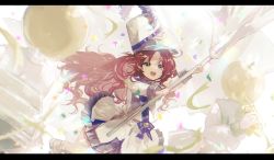 Rule 34 | 1girl, 2others, :d, apple, arknights, arm up, boots, brown eyes, brown footwear, commentary request, confetti, eyebrows hidden by hair, fa2 (etu831), flag, food, frilled skirt, frills, fruit, golden apple, highres, holding, holding flag, holding instrument, instrument, letterboxed, long hair, long sleeves, multiple others, myrtle (arknights), myrtle (light gold celebration) (arknights), official alternate costume, open mouth, parted bangs, pointy ears, red hair, shirt, skirt, smile, solo focus, streamers, thighhighs, thighhighs under boots, trumpet, very long hair, white flag, white headwear, white shirt, white skirt, white thighhighs