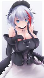 Rule 34 | 1girl, absurdres, admiral graf spee (azur lane), alternate breast size, alternate costume, apron, azur lane, bad id, bad pixiv id, black choker, black dress, black gloves, blue eyes, breasts, choker, cross, detached sleeves, dress, enmaided, frilled apron, frills, gloves, grey background, highres, iron cross, large breasts, maid, maid headdress, multicolored hair, osatou (soul of sugar), red hair, simple background, solo, standing, streaked hair, two-tone hair, waist apron, white apron, white hair