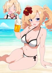 1girl alcohol beach beer beer_mug bikini black_trim blonde_hair blowing_bubbles blue_eyes blue_sky breasts chewing_gum cloud commentary_request cup day drill_hair flower highres honolulu_(kancolle) honolulu_(swimsuit)_(kancolle) horizon inset kantai_collection kinako_mochi_(pixiv100419090) large_breasts long_hair looking_at_viewer mug multiple_views ocean outdoors red_flower side-tie_bikini_bottom sky string_bikini swimsuit twin_drills twintails white_bikini