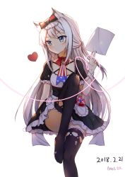 Rule 34 | 1girl, absurdres, american flag, american flag print, azur lane, bad id, bad pixiv id, bell, between fingers, black bow, black dress, black thighhighs, blush, bow, box, closed mouth, commentary request, dated, dress, flag print, green eyes, hair bow, hammann (azur lane), head tilt, heart, heart-shaped box, highres, holding, holding paper, jingle bell, long hair, looking at viewer, neet cangshu, paper, print neckwear, puffy short sleeves, puffy sleeves, short sleeves, silver hair, simple background, sitting, solo, thighhighs, v-shaped eyebrows, very long hair, white background