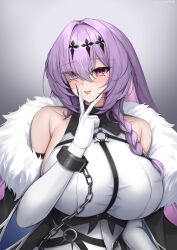 Rule 34 | 1girl, absurdres, azur lane, bare shoulders, blush, braid, breasts, elbow gloves, eyes visible through hair, gloves, gradient background, grey background, hair ornament, hair over one eye, hand up, highres, large breasts, long hair, poltava (azur lane), purple eyes, purple hair, simple background, smile, solo, tongue, tongue out, ueyama 0clock, upper body, v, white gloves