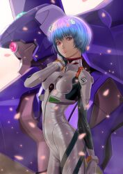 Rule 34 | 1girl, absurdres, arched back, ayanami rei, blue hair, bob cut, bodysuit, breasts, breasts apart, closed mouth, cowboy shot, eva 00, evangelion (mecha), highres, interface headset, looking at viewer, mecha, medium breasts, nagase jp, neon genesis evangelion, one-eyed, pilot suit, plugsuit, red eyes, robot, science fiction, short hair, solo, standing, white bodysuit