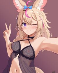Rule 34 | 1girl, ahoge, alternate costume, animal ear fluff, animal ears, bare shoulders, black hair, blonde hair, blue bow, blue nails, blush, bow, braid, breasts, closed mouth, commentary, covered erect nipples, english commentary, facial mark, fox ears, fox girl, fox tail, gradient background, hair between eyes, hair bow, hair over shoulder, hand up, heart, heart-shaped pupils, highres, hololive, lingerie, long hair, looking at viewer, multicolored hair, multicolored nails, nail polish, navel, nightgown, nipples, omaru polka, one eye closed, outstretched arm, pink background, pink hair, purple eyes, reaching, reaching towards viewer, red nails, see-through, selfie, side braid, simple background, single braid, small breasts, smile, solo, streaked hair, symbol-shaped pupils, tail, telomere, underwear, upper body, v, variant set, virtual youtuber