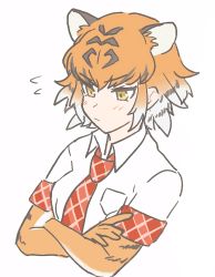 Rule 34 | 1girl, animal ears, animal print, black hair, blush, collared shirt, commentary request, crossed arms, elbow gloves, extra ears, flying sweatdrops, gloves, highres, kemono friends, multicolored hair, necktie, orange hair, plaid necktie, plaid trim, pout, print gloves, red necktie, shirt, short hair, short sleeves, solo, tiger (kemono friends), tiger ears, tiger girl, tiger print, tmtkn1, white hair, white shirt, yellow eyes