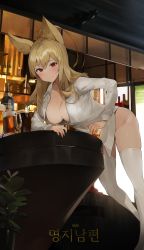 Rule 34 | 1girl, absurdres, alcohol, animal ears, bad id, bad pixiv id, bar (place), beer, beer mug, blonde hair, blush, bottle, bottomless, breasts, cleavage, closed mouth, collared shirt, commission, cup, drinking glass, ellin meiji, fighter (dungeon and fighter), fox ears, groin, highres, holding, holding cup, indoors, large breasts, leaning forward, long hair, long sleeves, mug, naked shirt, original, partially unbuttoned, red eyes, shirt, sidelocks, smile, solo, striker (dungeon and fighter), thighhighs, thighs, uthy, white shirt, white thighhighs