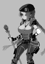 Rule 34 | 1girl, absurdres, ammunition belt, animification, apex legends, arms dealer loba, bad id, bad pixiv id, beret, braid, breasts, cleavage, collarbone, fingerless gloves, floating hair, gloves, greyscale, hair behind ear, hand on own hip, hat, highres, holding, holding staff, jewelry, large breasts, loba (apex legends), long hair, looking to the side, monochrome, necklace, official alternate costume, pants, scouter, solo, staff, twin braids, very long hair, xiaoye ju er