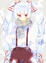 Rule 34 | 1girl, alternate hairstyle, blunt bangs, blush, bow, commentary, cowboy shot, fujiwara no mokou, grey background, hair bow, highres, long hair, long sleeves, looking at viewer, nikorashi-ka, pants, plaid, plaid scarf, red bow, red eyes, red pants, scarf, shirt, solo, suspenders, touhou, twintails, twintails day, very long hair, white hair, white shirt