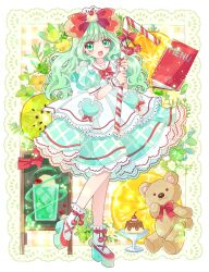 Rule 34 | 1girl, absurdres, apron, blue dress, bow, candy, candy cane, cherry, commentary request, cream soda, dress, flower, food, frilled dress, frills, fruit, full body, green eyes, green hair, highres, hiyoko miya, holding, holding candy, holding candy cane, holding food, kiwi (fruit), leaf, long hair, looking at viewer, menu, menu board, open mouth, orange (fruit), original, pudding, puffy short sleeves, puffy sleeves, red bow, short sleeves, smile, solo, standing, stuffed animal, stuffed toy, teddy bear, wavy hair, white apron, wrist cuffs, yellow flower