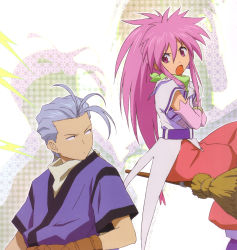Rule 34 | 1boy, 1girl, arche klein, broom, chester burklight, elbow gloves, gloves, grey hair, highres, jitome, long hair, official art, pants, pink eyes, pink hair, pink pants, ponytail, tales of (series), tales of phantasia, wide ponytail