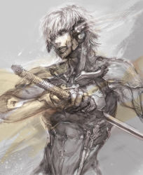Rule 34 | 1boy, armor, chang, cyborg, fighting stance, grey eyes, highres, looking at viewer, male focus, mechanical parts, metal gear (series), metal gear solid 4: guns of the patriots, raiden (metal gear), realistic, silver hair, solo, standing, sword, upper body, weapon