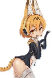 Rule 34 | 10s, 1girl, animal ears, blonde hair, check commentary, commentary, commentary request, cosplay, costume switch, fangs, headphones, highleg, highleg leotard, highres, hood, hoodie, kemono friends, kolshica, leotard, long sleeves, multicolored hair, open mouth, paw pose, serval (kemono friends), serval print, serval tail, short hair, solo, tail, thighhighs, white thighhighs