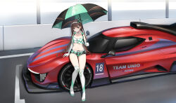 Rule 34 | 1girl, bare shoulders, belt, boots, breasts, brown hair, car, choker, cleavage, closed mouth, closers, collarbone, crop top, cropped vest, elbow gloves, eunha (closers), full body, gloves, green eyes, hairband, highres, holding, holding umbrella, long hair, looking at viewer, micro shorts, midriff, motor vehicle, navel, non-web source, official art, open clothes, open vest, race queen, race vehicle, racecar, shirt, short shorts, shorts, sitting, sleeveless, sleeveless shirt, small breasts, smile, solo, stomach, thigh boots, thighs, umbrella, very long hair, vest, white choker