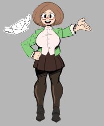 Rule 34 | 1girl, arm up, bad source, black pantyhose, black skirt, bob cut, breasts, brown hair, buttons, cardigan, collared shirt, glasses, green cardigan, hand on own hip, hand up, large breasts, letter, long sleeves, nikki (swapnote), nintendo, open mouth, pantyhose, parted bangs, ragingbarbarians, red-framed eyewear, shirt, skirt, smile, wings