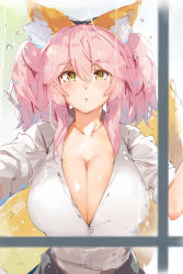 Rule 34 | 10s, 1girl, absurdres, animal ear fluff, animal ears, blush, breasts, cleavage, clothes around waist, collarbone, denizen tomo, fate/extella, fate/extra, fate/grand order, fate (series), fox ears, fox tail, highres, jacket, jacket around waist, large breasts, long hair, looking at viewer, official alternate costume, open mouth, pink hair, school uniform, shirt, skirt, solo, tail, tamamo (fate), tamamo no mae (jk) (fate), twintails, type-moon, unbuttoned, yellow eyes