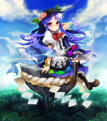 Rule 34 | 1girl, blue hair, boots, cloud, cross-laced footwear, day, female focus, food, fruit, hat, hinanawi tenshi, keystone, lace-up boots, crossed legs, long hair, peach, red eyes, rope, shimenawa, sitting, sky, solo, touhou, yazumi (yazzz), yzy