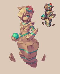 Rule 34 | absurdres, breasts, cactus, floating, floating object, hair ornament, hair over one eye, highres, large hands, long bangs, looking away, looking to the side, navel, no nipples, non-web source, one eye covered, orb, sand, short hair, simple background, small breasts, sprite, striped, terraria