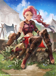 Rule 34 | 1girl, axe, blue sky, boots, brown eyes, cloud, company name, day, fire emblem, fire emblem: three houses, fire emblem cipher, full body, grass, kyouka hatori, long hair, nintendo, official art, outdoors, parted lips, petra macneary, ponytail, purple hair, rock, sitting, sky, solo, tent, toeless footwear, toes