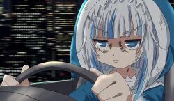 1girl animal_hood blue_hair blue_hoodie closed_mouth gawr_gura gawr_gura_(1st_costume) grey_hair highres holding_steering_wheel hololive hololive_english hood hoodie looking_at_viewer medium_hair multicolored_hair shark_hood sidelocks solo streaked_hair varo_006 virtual_youtuber