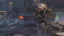 Rule 34 | 1girl, absurdres, aegisfate, assault rifle, cigar, commentary, english commentary, gloves, gun, halation, highres, holding, holding gun, holding weapon, m4 carbine, military, military vehicle, motor vehicle, original, rifle, short hair, short shorts, shorts, smoking, solo, tank, trigger discipline, weapon, yellow eyes