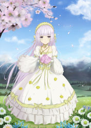 Rule 34 | 1girl, absurdly long hair, bouquet, choker, day, dress, eyebrows, flan (seeyouflan), flat chest, flower, full body, gloves, gosick, grey eyes, hairband, highres, holding, holding bouquet, lolita fashion, lolita hairband, long hair, looking at viewer, outdoors, ribbon, ribbon choker, silver hair, sky, smile, solo, very long hair, victorica de blois, white dress, white gloves, yellow ribbon