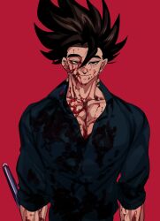 1boy alternate_universe black_eyes black_hair blood blood_on_arm blood_on_chest blood_on_clothes blood_on_face commentary dragon_ball dragonball_z earrings floating_hair half-closed_eyes jewelry light_smile looking_at_viewer muscular muscular_male nanika_(nnkgh) pectorals potara_earrings red_background sleeves_rolled_up spiked_hair symbol-only_commentary vegetto